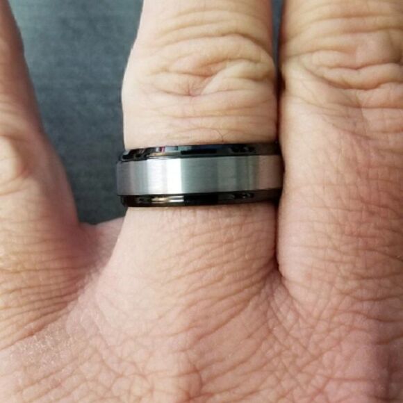 Engraved Men's Real Black and silver Tungsten Wedding Ring Black and Silver Band - Picture 8 of 12